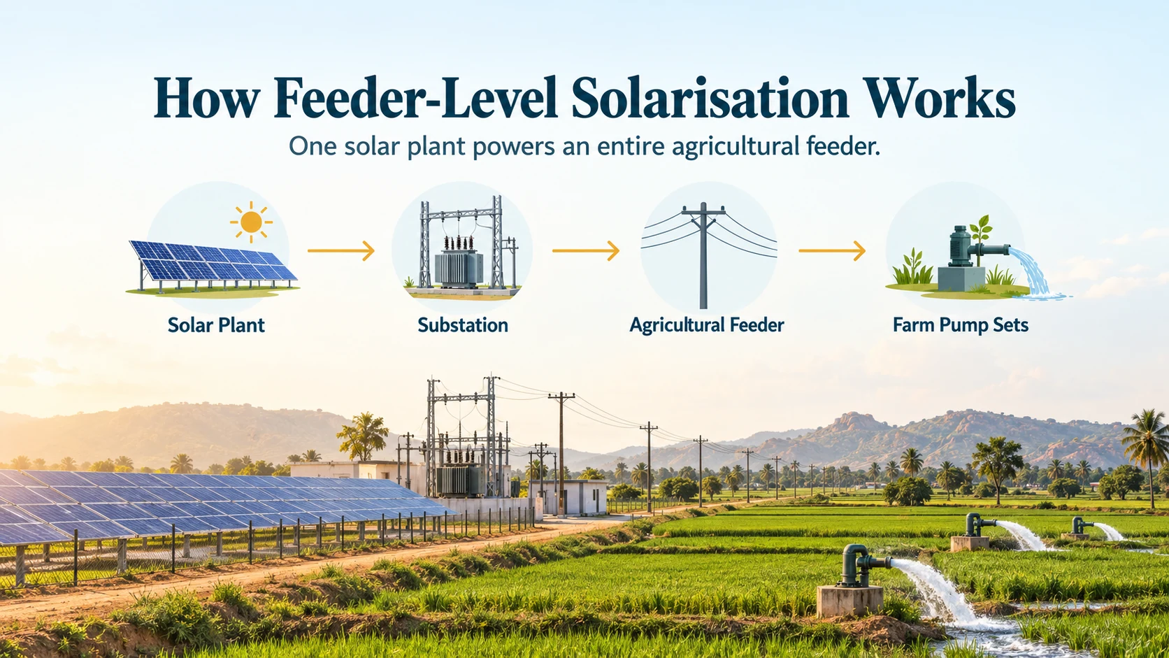 How feeder level solarisation works from solar plant to substation, agricultural feeder and farm pump sets