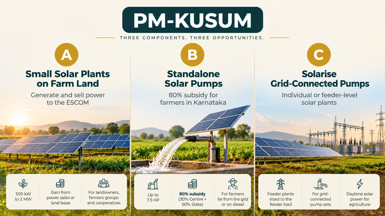 PM-KUSUM component A, B and C explained for farmers in Karnataka