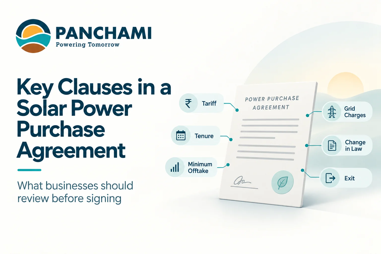 Key clauses to review in a solar power purchase agreement including tariff, tenure, minimum offtake, grid charges, change in law and exit