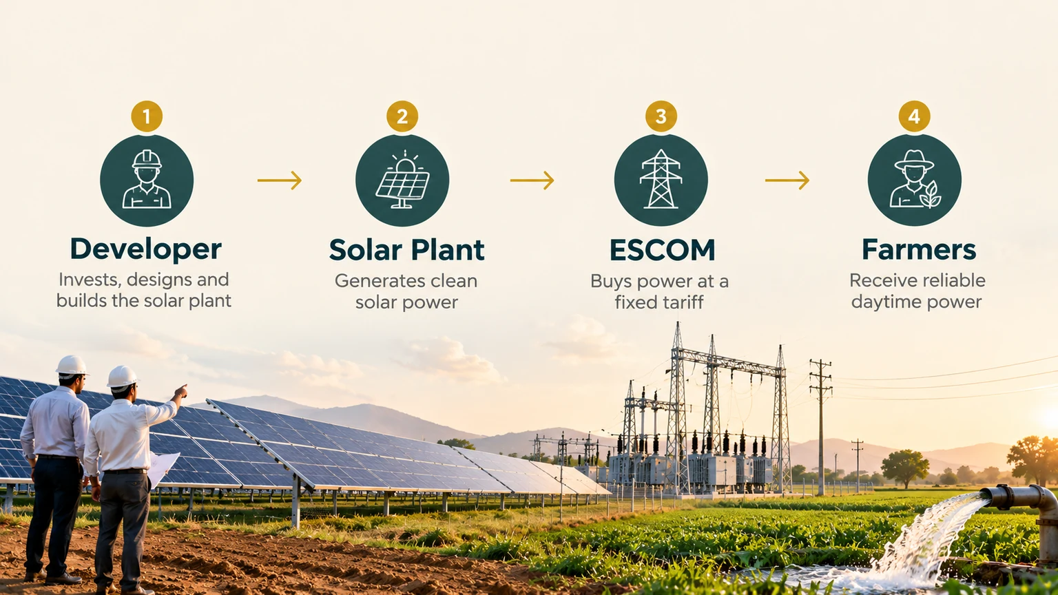 How the RESCO model works in solar from developer investment to solar plant ESCOM and farmers