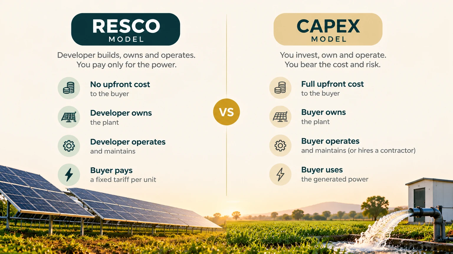 RESCO vs CAPEX model comparison showing ownership upfront cost operation and payment structure
