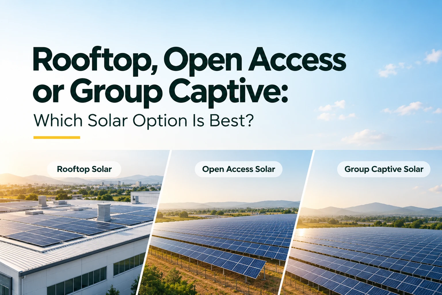 Types of solar power plant for businesses: rooftop, open access and group captive
