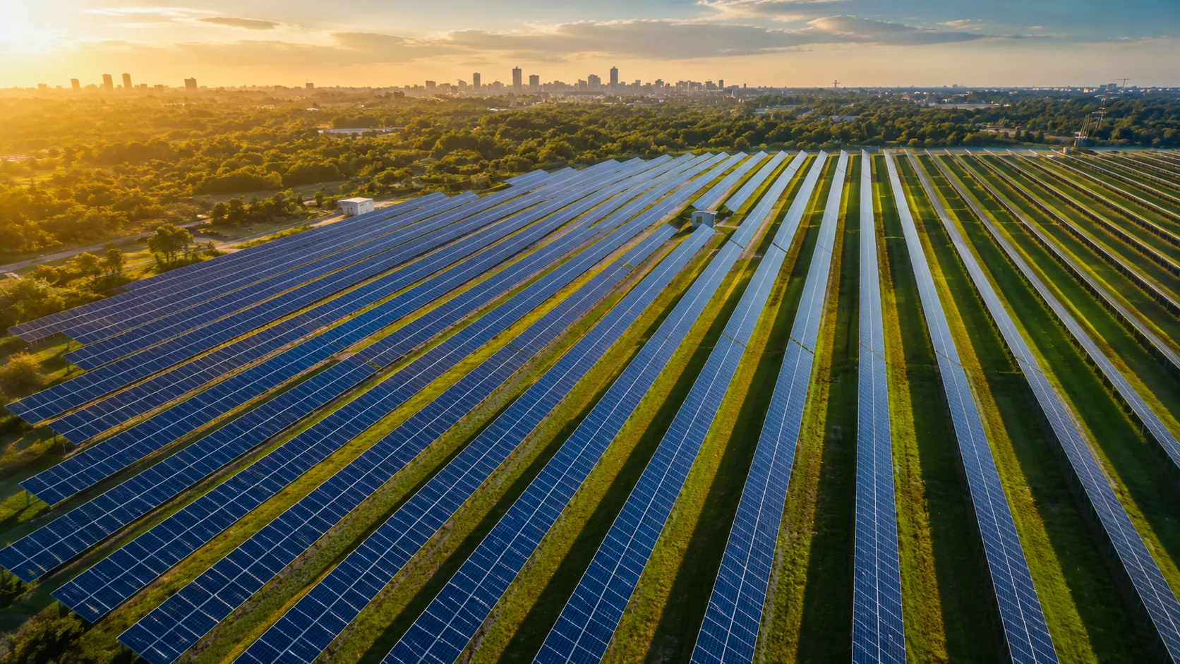 Large solar farm rows used for captive solar ownership model