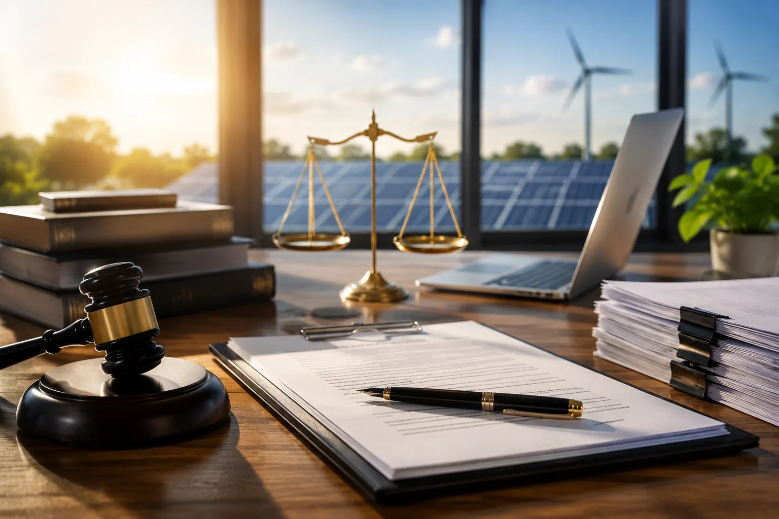 Legal advisory desk with solar project documents, scales of justice, and solar panels in the background