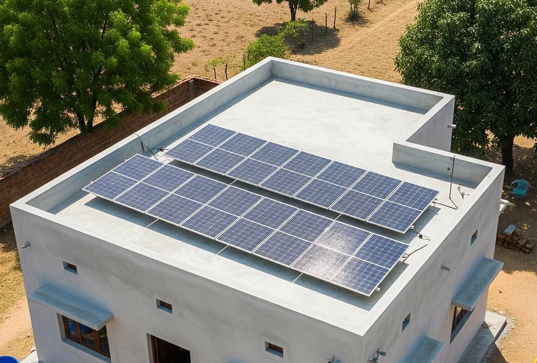 Home rooftop solar panels on a residential building
