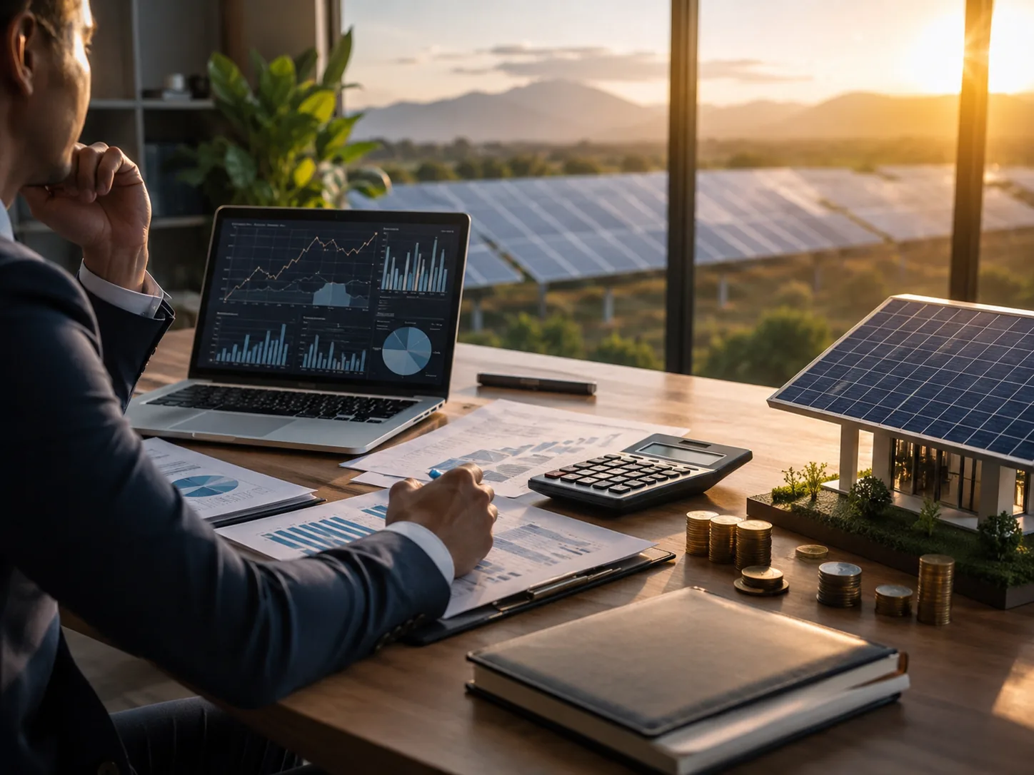 Business professional reviewing solar investment performance, financial charts, and ROI calculations at a desk